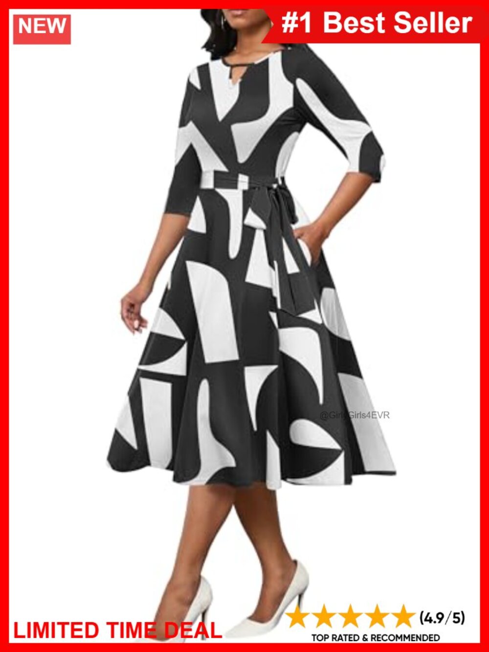 A-Line Midi Dress 3/4 Sleeve Tie Waist Semi-Formal Stretch Casual